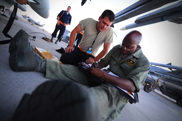 Senior Airman Marques Jones, a maintainer assigned to 20th Aircraft Maintenance Squadron, Shaw Air Force Base, S.C., updates maintenance record for an F-16 CJ prior to a Red Flag 16-3 night training mission July 13, 2016 at Nellis AFB, Nev. Exhaustive efforts are made by ground crew members to ensure the operability of their assigned aircraft and in turn, the safety of the aircrew. (U.S. Air Force photo by Senior Airman Joshua Kleinholz/Released)