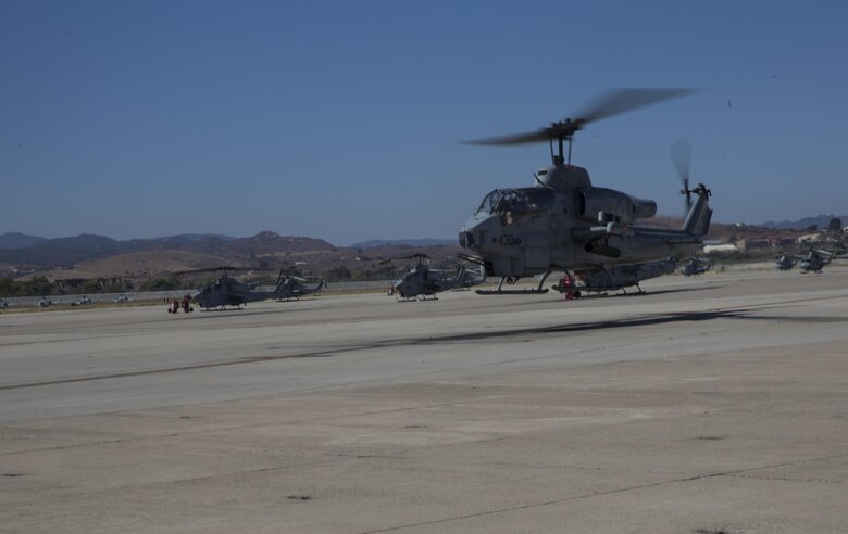 Maj. Gen. Michael Rocco, commanding general of 3rd Marine Aircraft Wing, takes off in an AH-1W Super Cobra during his last flight aboard Marine Corps Air Station Camp Pendleton, Calif., July 7, 2016. Rocco took command of 3rd MAW in June 2014 and is slated to relinquish command to Maj. Gen. Mark Wise on July 22, 2016. (U.S. Marine Corps photo by Pfc. Jake McClung/Released)