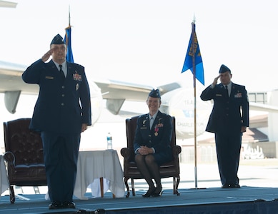 Col. Craig Lambert, 628th Medical Group commander, salutes Airmen from the 62th MDG during a change of command ceremony in Nose Dock 2 at Joint Base Charleston, July 14, 2016. Col. Margret Jones, the former 628th MDG commander, will be assuming the role of the Air Force Deputy Chief Nurse in the Pentagon. (U.S. Air Force Photo/Airman Megan Munoz)