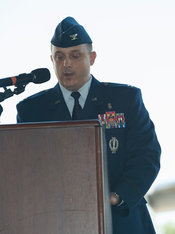 Col. Craig Lambert, 628th Medical Group commander, speaks during a change of command ceremony in Nose Dock 2 at Joint Base Charleston, July 14, 2016. Lambert performed duties as a missile launch officer and instructor before being selected in 1999 to become a Medical Service Corps officer. (U.S. Air Force Photo/Airman Megan Munoz)