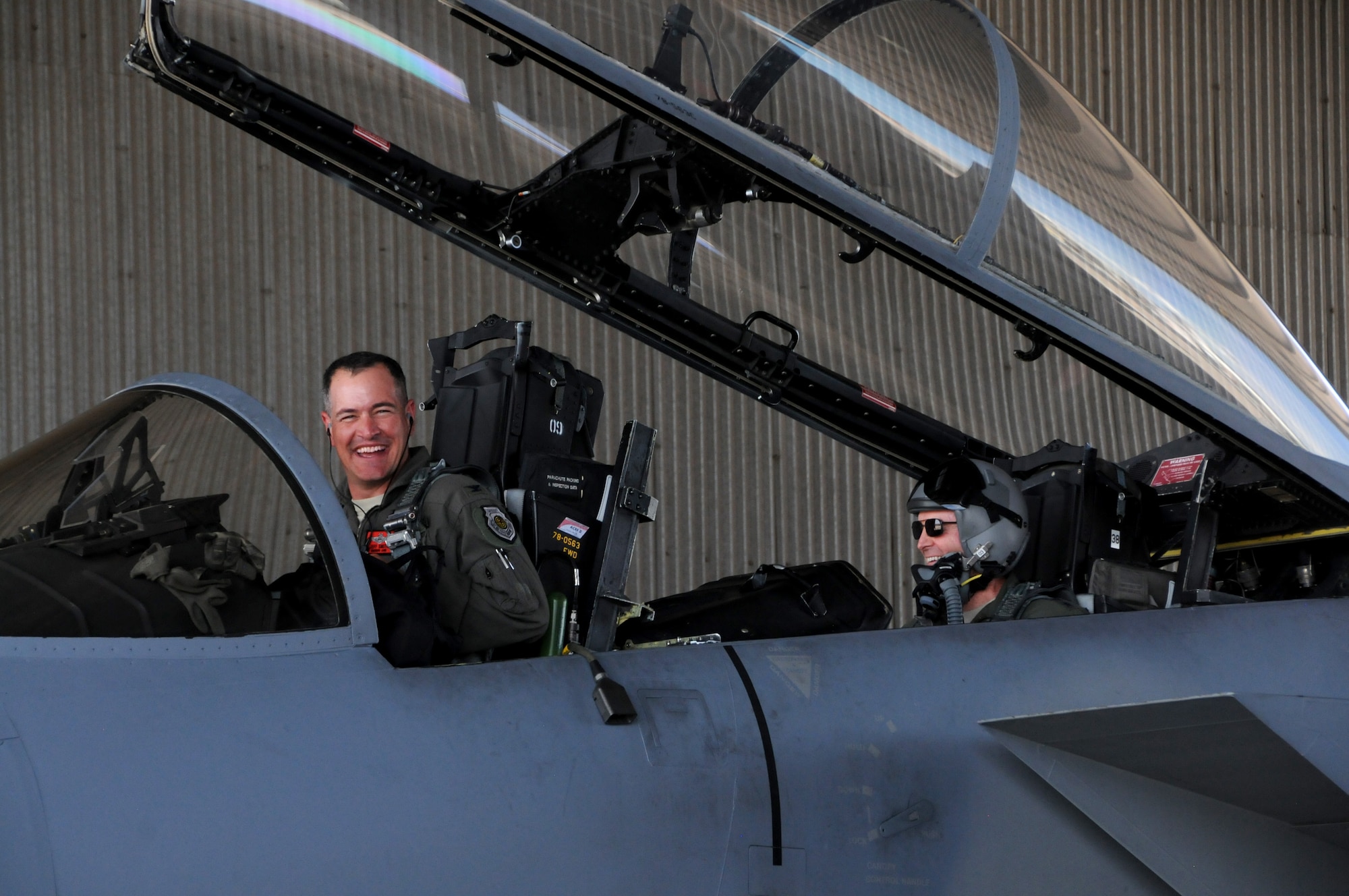 Col. Jeffrey Smith, 173rd Fighter Wing commander and U.S. Air Force Lt. Gen. Darryl Roberson, commander of Air Education and Training Command, ready for take off in an F-15 Eagle at Kingsley Field, Ore., July 6, 2016. Roberson had a firsthand look at the unit's mission and capabilities, which includes training F-15C Eagle fighter pilots. (U.S. Air National Guard photo by Staff Sgt. Penny Snoozy)