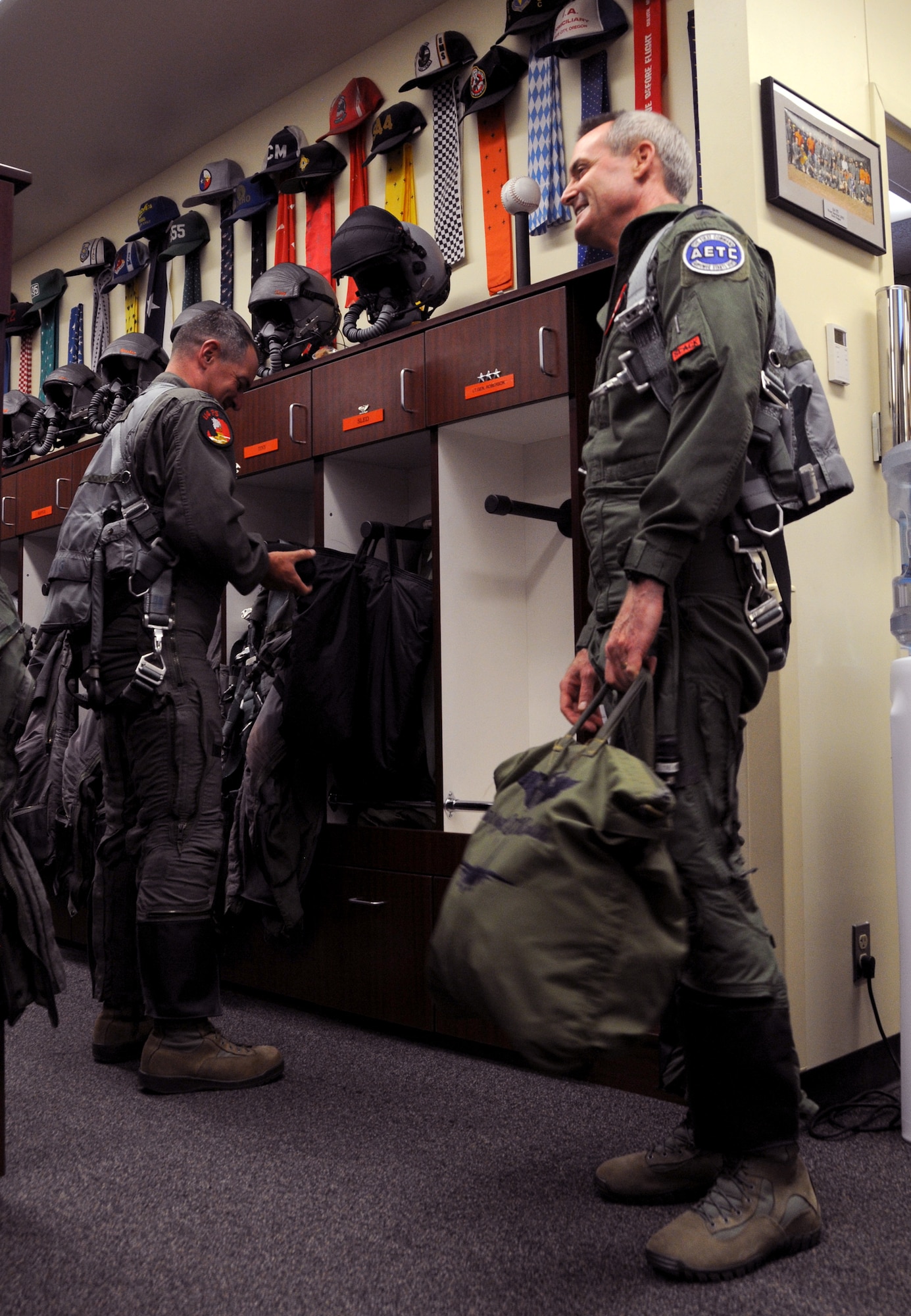 U.S. Air Force Lt. Gen. Darryl Roberson, commander of Air Education and Training Command, and Col. Jeff Smith, 173rd Fighter Wing commander, get ready to step for an F-15 Eagle flight at Kingsley Field, Ore., July 6, 2016.  Roberson visited Kingsley Field and had a firsthand look at the unit's mission and capabilities, which includes training F-15C Eagle fighter pilots. (U.S. Air National Guard photo by Staff Sgt. Penny Snoozy)
