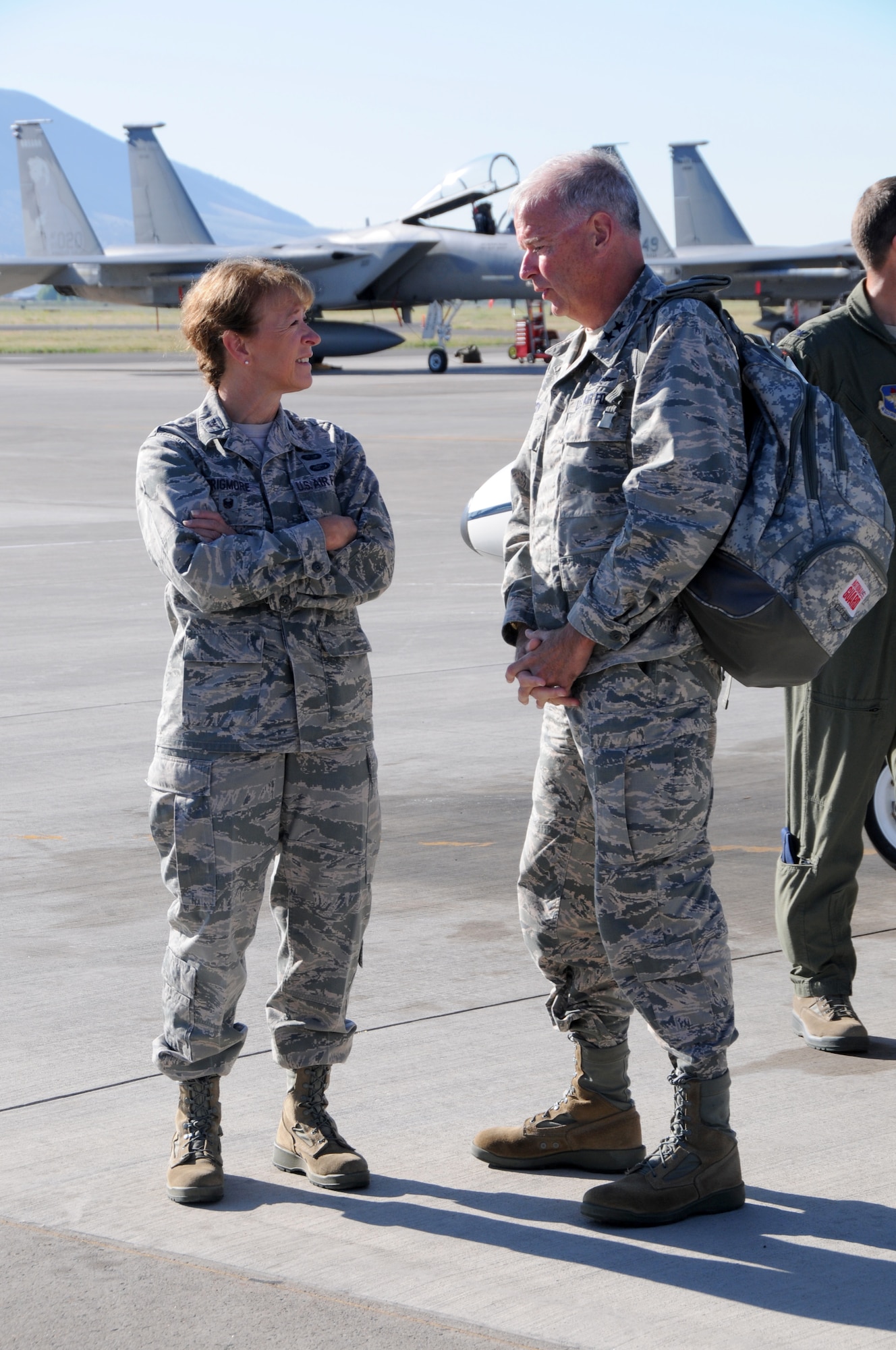 U.S. Air Force Maj. Gen. John McCoy, vice commander of Air Education and Training Command, is greeted by Col. Donna Prigmore, 173rd Fighter Wing vice commander, during his arrival to Kingsley Field, Ore., July 6, 2016. McCoy had a firsthand look at the unit's mission and capabilities, which includes training F-15C Eagle fighter pilots. (U.S. Air National Guard photo by Staff Sgt. Penny Snoozy) 