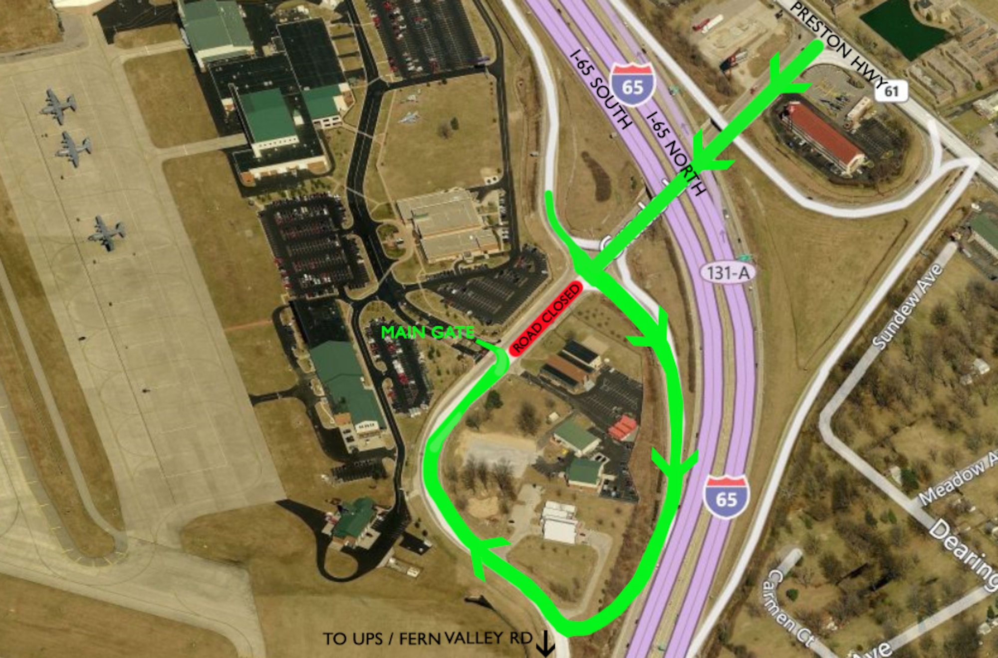 A project to realign Grade Lane so it no longer bisects the Kentucky Air National Guard base in Louisville was completed July 1, 2016. Access to the base's main gate changed, however, as depicted in this diagram. (U.S. Air National Guard photo illustration by Master Sgt. Phil Speck) 