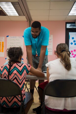 Alfred Frayer, Joint Base Charleston – Weapons Station Youth Center sports and fitness director, interacts with participants of the first resiliency teen camp, named BOUNCE, July 14, 2016 at Joint Base Charleston – Weapons station, S.C. BOUNCE, which stands for Be optimistic, Observe thoughts, Use strengths, Never give up, Communicate effectively and Embrace you, is a week-long camp designed to teach teens the necessary skills to overcome daily stressors associated to military families. (U.S. Air Force photo/Staff Sgt. Jared Trimarchi)