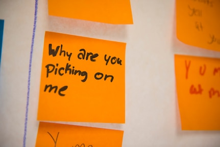 A note about social media written by one of the participants of the first Air Force resiliency teen camp, named BOUNCE, is displayed in a classroom July 14, 2016 at Joint Base Charleston – Weapons station, S.C., youth center. BOUNCE, which stands for Be optimistic, Observe thoughts, Use strengths, Never give up, Communicate effectively and Embrace you, is a week-long camp designed to teach teens the necessary skills to overcome daily stressors associated to military families. (U.S. Air Force photo/Staff Sgt. Jared Trimarchi)