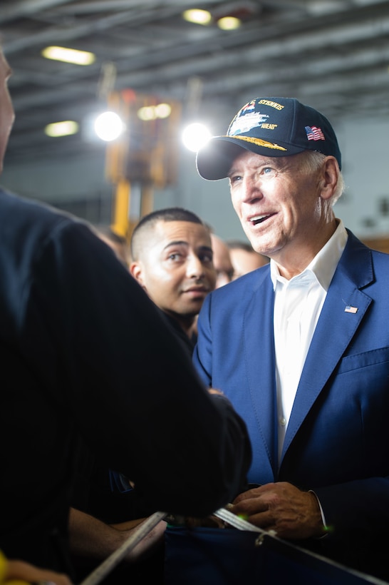 Vice President Joe Biden meets with sailors in the hangar bay of the USS John C. Stennis during the Rim of the Pacific 2016 exercise in the Pacific Ocean, July 14, 2016. Navy photo by Petty Officer 3rd Class Andre T. Richard