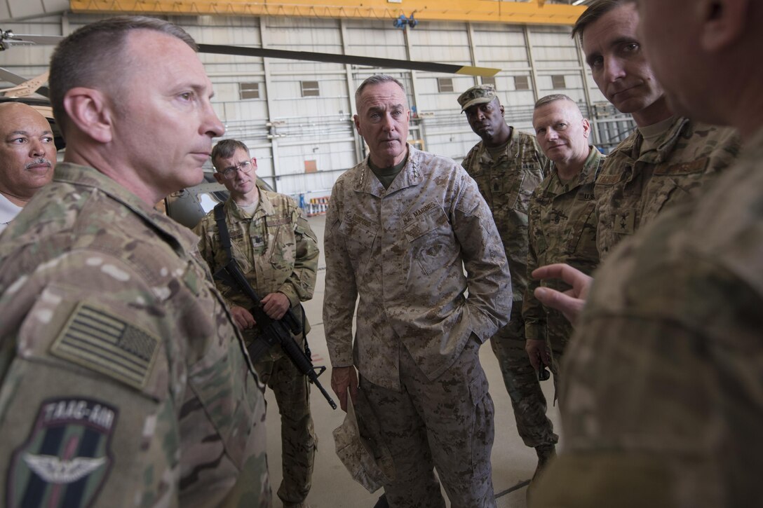 Marine Corps Gen. Joe Dunford, chairman of the Joint Chiefs of Staff, meets with members of Train, Advise, Assist Command – Air in Kabul, Afghanistan, July 16, 2016. DoD photo by Navy Petty Officer 2nd Class Dominique A. Pineiro
