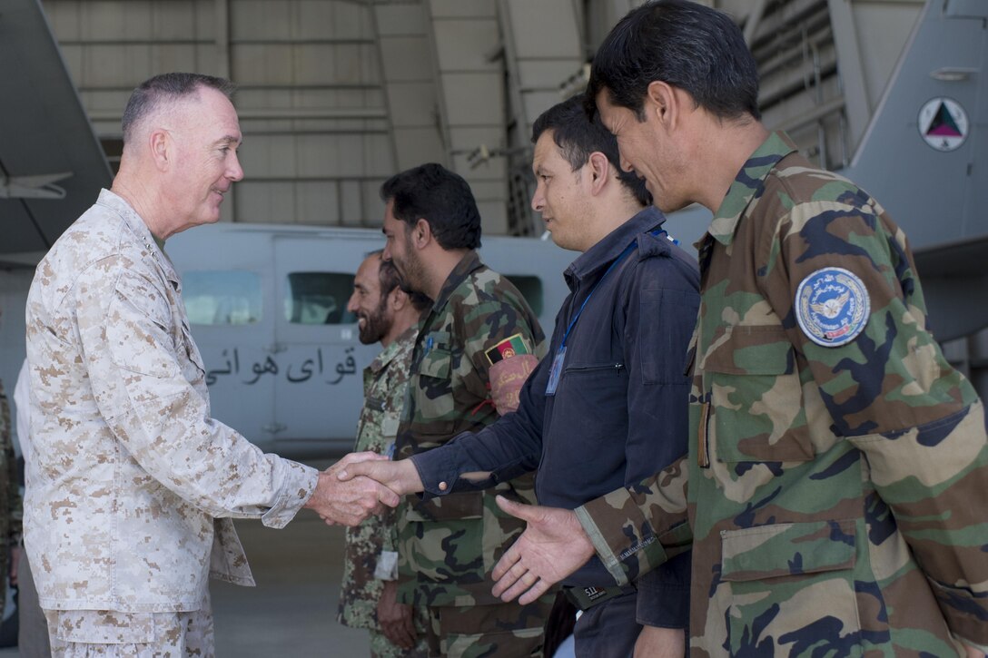 Marine Corps Gen. Joe Dunford, chairman of the Joint Chiefs of Staff, meets with Afghan airmen participating in the Train, Advise, Assist Command – Air program in Kabul, Afghanistan, July 16, 2016. DoD photo by Navy Petty Officer 2nd Class Dominique A. Pineiro