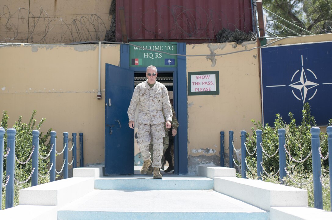 Marine Corps Gen. Joe Dunford, chairman of the Joint Chiefs of Staff, leaves Resolute Support headquarters in Kabul, Afghanistan, July 16, 2016. DoD photo by Navy Petty Officer 2nd Class Dominique A. Pineiro