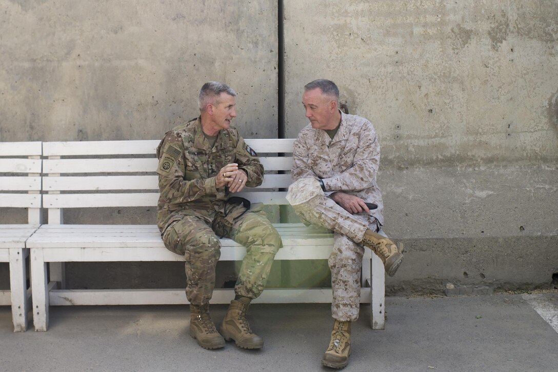 Marine Corps Gen. Joe Dunford, chairman of the Joint Chiefs of Staff, meets with Army Gen. John W. Nicholson Jr., commander of the Resolute Support mission and U.S. Forces Afghanistan, in Kabul, Afghanistan, July 16, 2016. DoD photo by Navy Petty Officer 2nd Class Dominique A. Pineiro