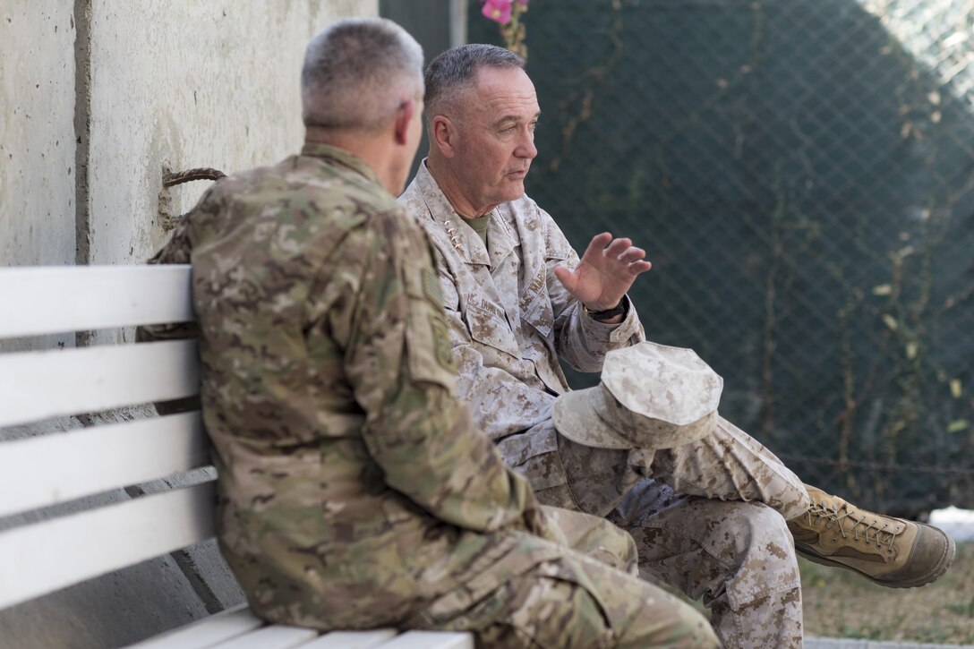 Marine Corps Gen. Joe Dunford, chairman of the Joint Chiefs of Staff, meets with Army Gen. John W. Nicholson Jr., commander of the Resolute Support mission and U.S. Forces Afghanistan, in Kabul, Afghanistan, July 16, 2016. DoD photo by Navy Petty Officer 2nd Class Dominique A. Pineiro