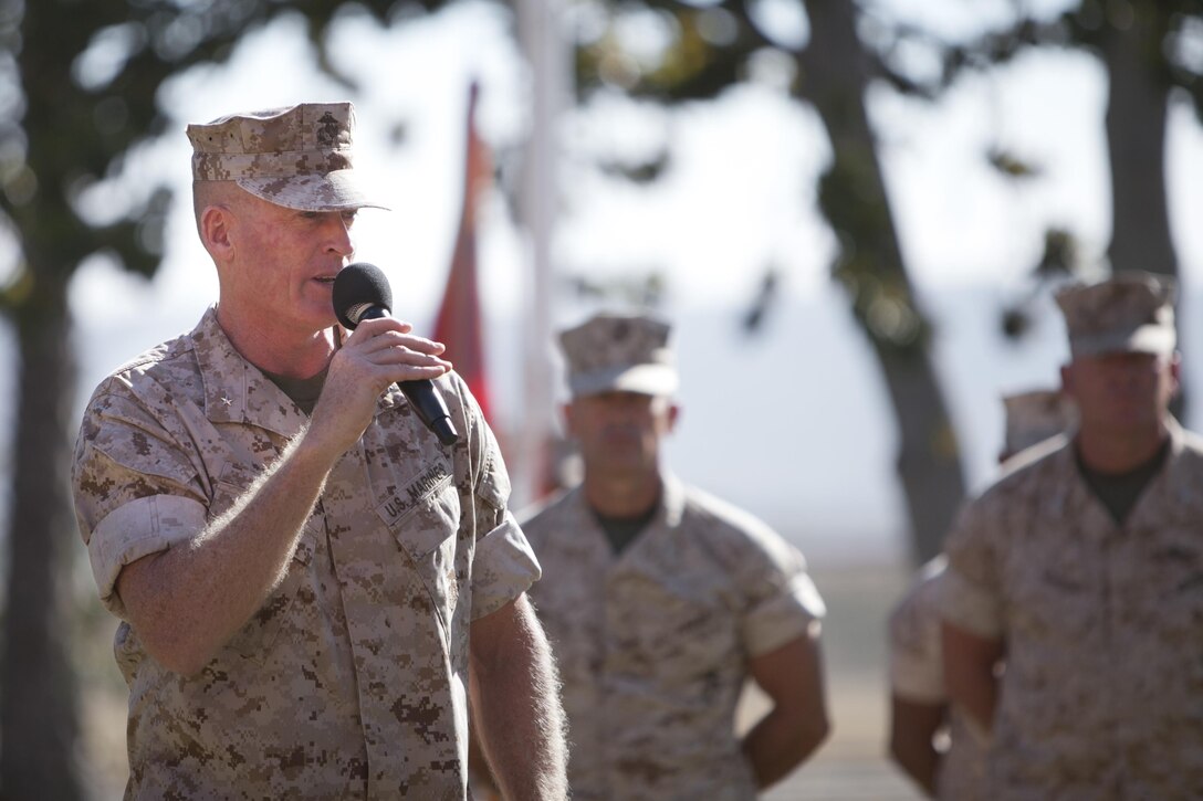 U.S. Marine Corps Brig. Gen. Edward D. Banta, outgoing commanding general, Marine Corps Installations West-Marine Corps Base, Camp Pendleton, addresses the audience during a change of command ceremony at the Santa Margarita Ranch House National Historic Site on Camp Pendleton, Calif., July 15, 2016. (U.S. Marine Corps photo by Cpl. Brian D. Bekkala)
