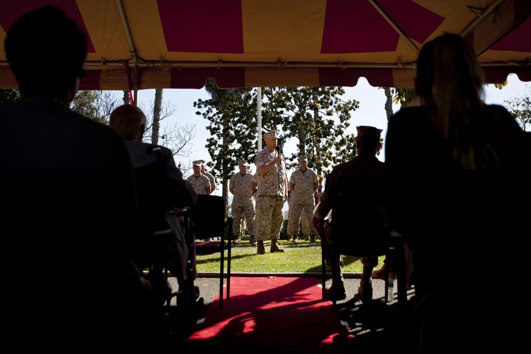 U.S. Marine Corps Brig. Gen. Kevin J. Killea, commanding general, Marine Corps Installations West-Marine Corps Base, Camp Pendleton, addresses the audience during a change of command ceremony at the Santa Margarita Ranch House National Historic Site on Camp Pendleton, Calif., July 15, 2016. (U.S. Marine Corps photo by Cpl. Brian D. Bekkala)