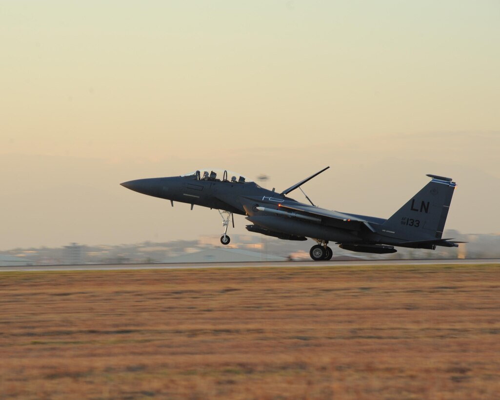 A U.S. Air Force F-15E Strike Eagle lands at Incirlik Air Base, Turkey, Nov. 12, 2015. Six F-15E’s deployed to Incirlik from the 48th Fighter Wing based at RAF Lakenheath, England, to conduct missions in support of Operation Inherent Resolve. Turkish airspace was closed to military operations following an attempted coup July 15, 2016. Pentagon officials said all indications are that all personnel at the base are safe and secure. Air Force photo by Airman 1st Class Daniel Lile