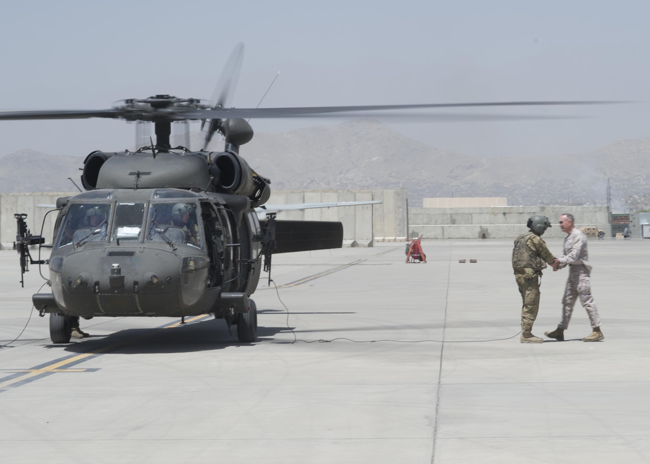 Marine Corps Gen. Joe Dunford, chairman of the Joint Chiefs of Staff, leaves Kabul, Afghanistan, July 16, 2016. Dunford met with key leaders and received briefings about the progress of the Afghan air force and its partnership with the Resolute Support train, advise and assist mission. DoD photo by Navy Petty Officer 2nd Class Dominique A. Pineiro