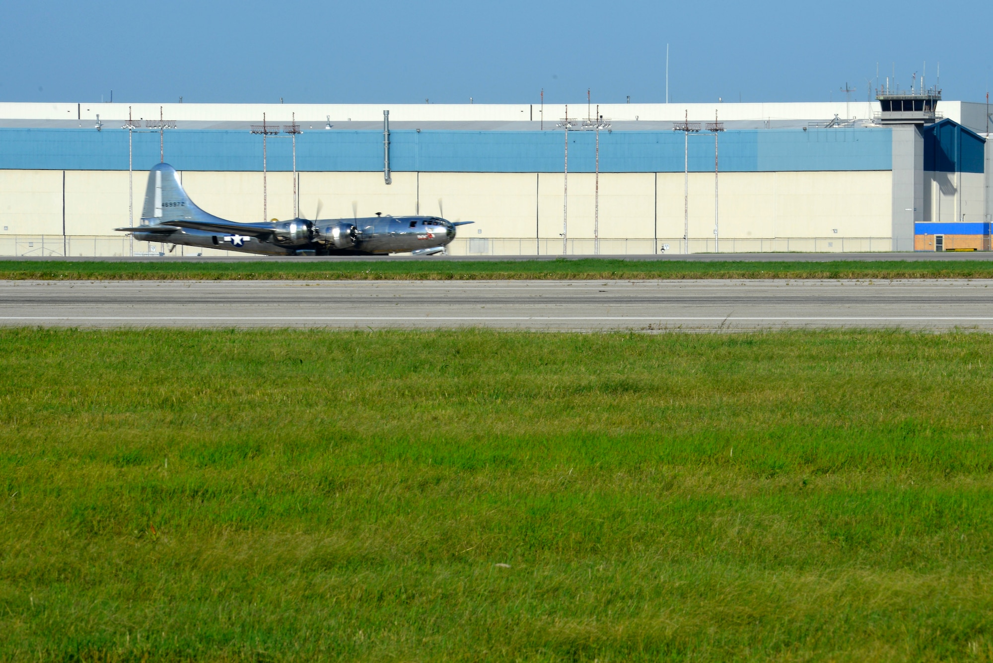 A B-29 Superfortress, known as ‘Doc,’ taxis before takeoff for its first flight in approximately 60 years, July 17, 2016, at McConnell Air Force Base, Kan.  Hundreds of people gathered on and around McConnell AFB to watch this historic flight. (U.S Air Force photo/Senior Airman Trevor Rhynes)