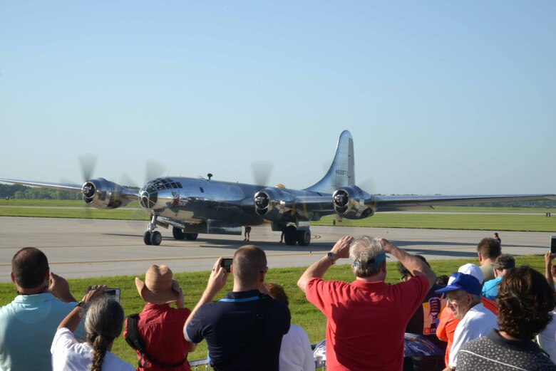 A B-29 Superfortress, known as ‘Doc,’ taxis before takeoff for its first flight in approximately 60 years, July 17, 2016, at McConnell Air Force Base, Kan.  Hundreds of people gathered on and around McConnell AFB to watch this historic flight. (U.S Air Force photo/Christopher Thornbury)