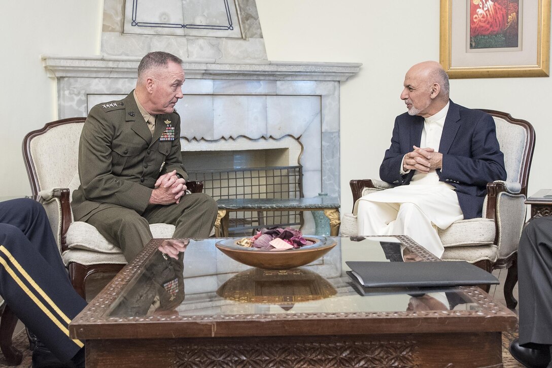 Marine Corps Gen. Joe Dunford, chairman of the Joint Chiefs of Staff, meets with Afghan President Ashraf Ghani at the presidential palace in Kabul, Afghanistan, July 17, 2016. DoD photo by Navy Petty Officer 2nd Class Dominique A. Pineiro