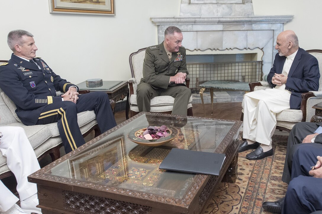 Marine Corps Gen. Joe Dunford, chairman of the Joint Chiefs of Staff, and Army Gen. John W. Nicholson Jr., commander of the Resolute Support mission and U.S. Forces Afghanistan, meet with Afghan President Ashraf Ghani at the presidential palace in Kabul, Afghanistan, July 17, 2016. DoD photo by Navy Petty Officer 2nd Class Dominique A. Pineiro