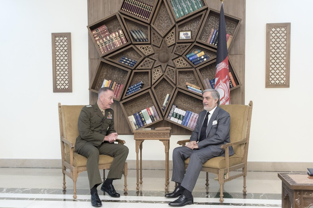Marine Corps Gen. Joe Dunford, chairman of the Joint Chiefs of Staff, meets with Afghan Chief Executive Dr. Abdullah Abdullah at Sapidar Palace in Kabul, Afghanistan, July 17, 2016. DoD photo by Navy Petty Officer 2nd Class Dominique A. Pineiro