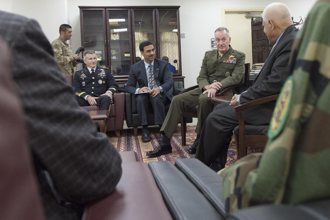 Marine Corps Gen. Joe Dunford, chairman of the Joint Chiefs of Staff, meets with Afghan Defense Minister Abdullah Khan Habibi at the Ministry of Defense in Kabul, Afghanistan, July 17, 2016. DoD photo by Navy Petty Officer 2nd Class Dominique A. Pineiro