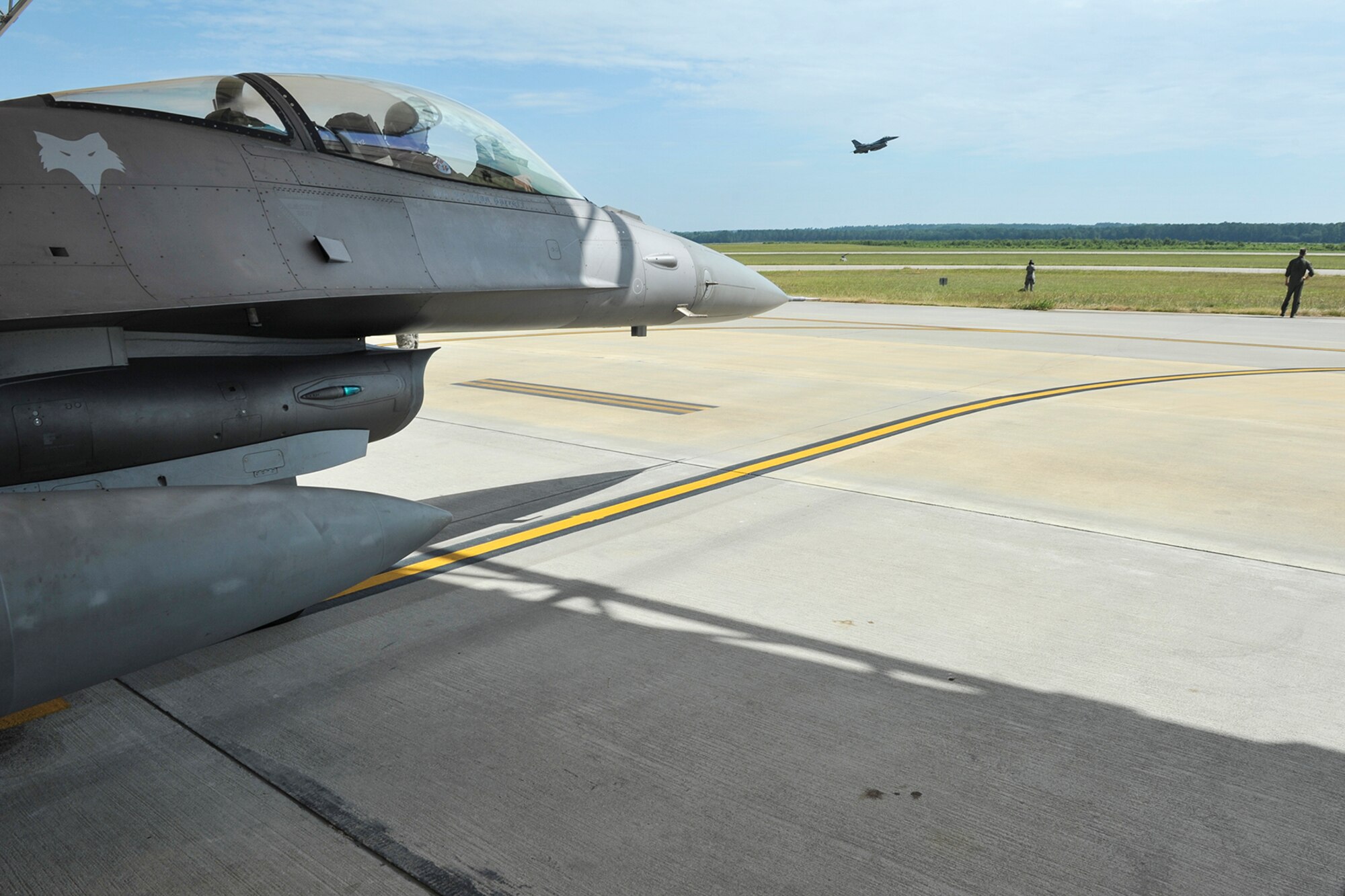 A U.S. Air Force F-16 Block 52 Fighting Falcon jet assigned to the 169th Fighter Wing, South Carolina Air National Guard, takes off from McEntire Joint National Guard Base, S.C., July 11, 2016. Approximately 300 U.S. Airmen and 12 F-16 Fighting Falcon jets from the 169th Fighter Wing at McEntire JNGB, S.C., are deploying to Osan Air Base, Republic of Korea, as the 157th Expeditionary Fighter Squadron in support of the U.S. Pacific Command Theater Security Package. (U.S. Air National Guard photo by Tech. Sgt. Jorge Intriago)