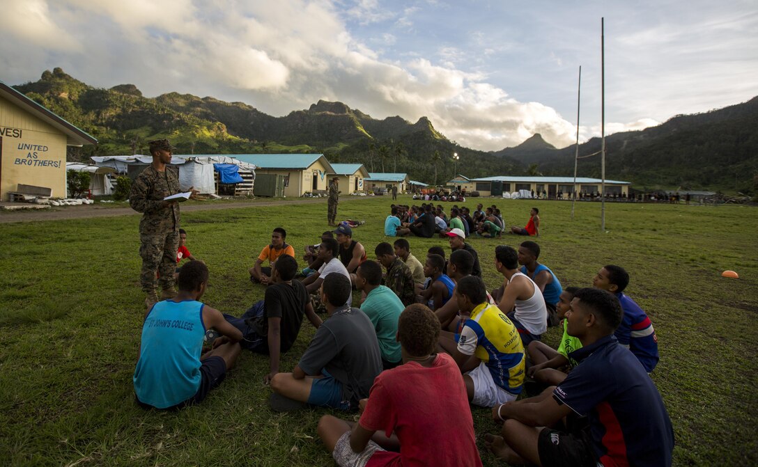 U.S. Marines and Sailors with Task Force Koa Moana 16.2, conduct vertical construction training at St. John’s College, Ovalau, Fiji, July 12, 2016.  Fiji is part of Task Force Koa Moana’s deployment throughout the Asia-Pacific region where Marines and Sailors will share engineering and infantry skills with the Republic of Fiji Military Forces to strengthen mil-to-mil relationships and interoperability. (U.S. Marine Corps imagery by MCIPAC Combat Camera Lance Cpl. Jesus McCloud/ Released)
