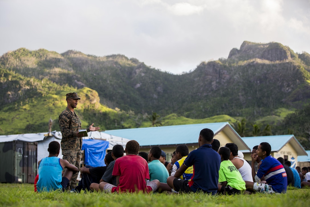 U.S. Navy Petty Officer 2nd Class Corey J. Buchanan, Hospital Corpsman with Task Force Koa Moana 16.2, leads small instructions on general health and wellness to local youth at St. John’s College, Ovalau, Fiji, July 12, 2016. Fiji is part of Task Force Koa Moana’s deployment throughout the Asia-Pacific region where Marines and Sailors will share engineering and infantry skills with the Republic of Fiji Military Forces to strengthen mil-to-mil relationships and interoperability. (U.S. Marine Corps imagery by MCIPAC Combat Camera Lance Cpl. Jesus McCloud/ Released)
