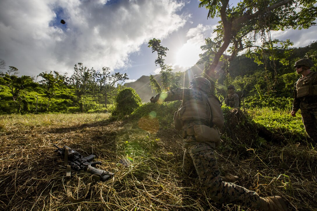 U.S. Marine Lance Cpl. Nathan H. Steed with Task Force Koa Moana 16.2 launches a simulated grenade while conducting integrated fire-team buddy rushes with Soldiers from the Republic of Fiji Military Forces on Ovalau, Fiji, July 13, 2016. Fiji is part of Task Force Koa Moana’s deployment throughout the Asia- Pacific region, where Marines and Sailors will share engineering and infantry skills with the RFMF to strengthen mil-to-mil relationships and interoperability. (U.S. Marine Corps imagery by MCIPAC Combat Camera Lance Cpl. Jesus McCloud/ Released)