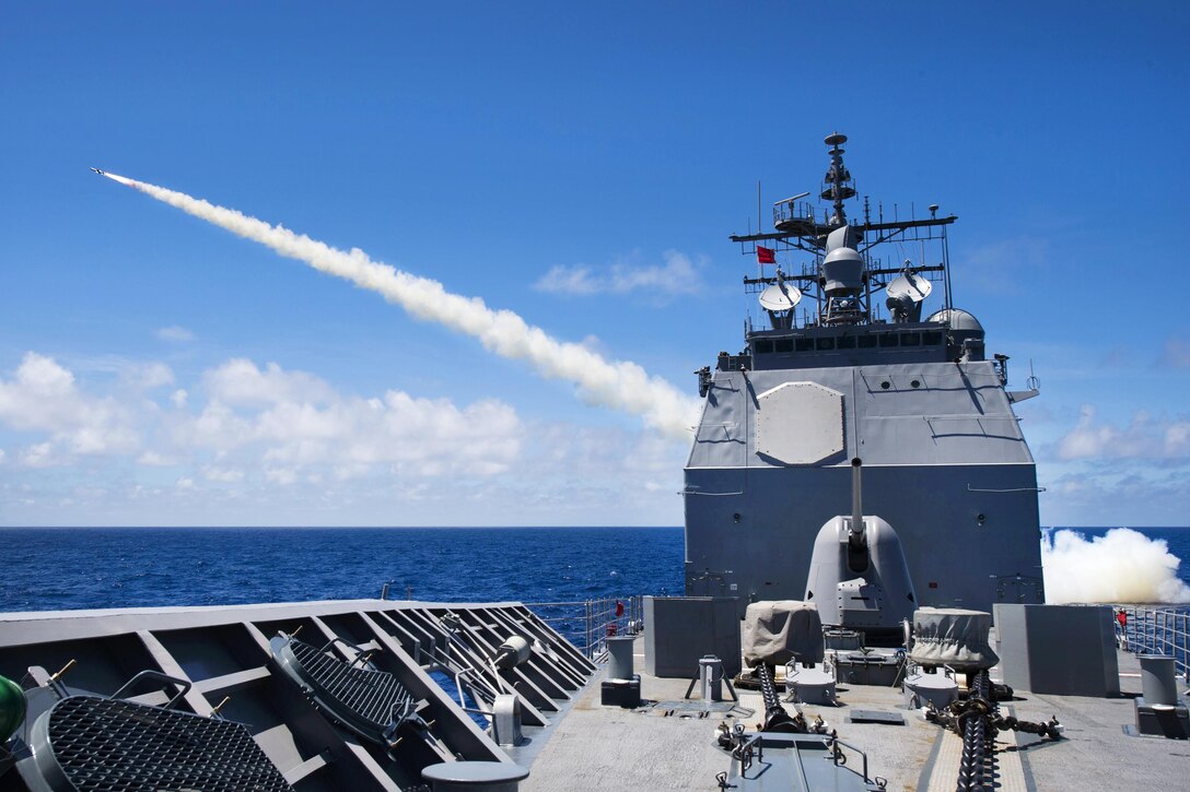 Sailors aboard the guided-missile cruiser USS Princeton fire an RGM-84 Harpoon anti-ship missile during a sinking exercise part of Rim of the Pacific 2016, the world's largest international maritime exercise, in the Pacific Ocean, July 14, 2016. The event includes 25,000 participants from 26 nations, 49 ships, six submarines and about 200 aircraft. Navy photo by Petty Officer 1st Class Jason Noble