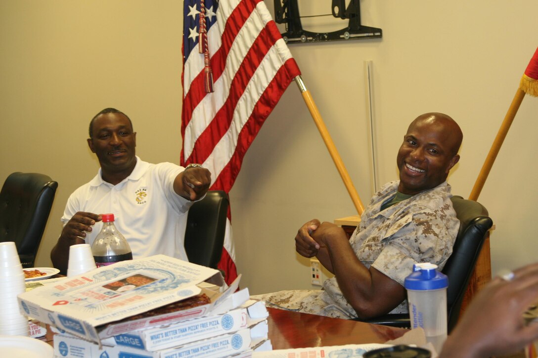 Silbert “Harrison” Grant (left), Substance Abuse Control Officer (SACO) for Headquarters and Service Battalion aboard Marine Corps Base Quantico, and facilitator of the battalion’s weekly Men’s Group.
