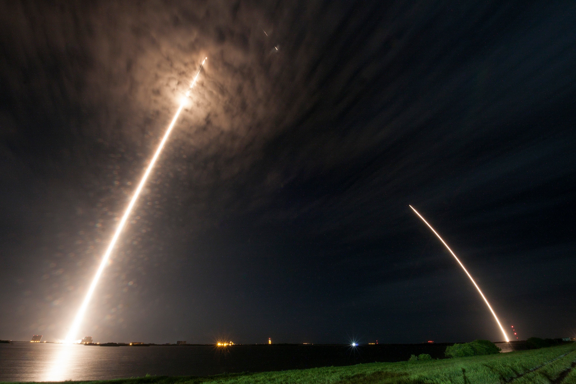 The 45th Space Wing supported SpaceX’s successful launch of a Falcon 9 Dragon spacecraft headed to the International Space Station from Space Launch Complex 40 here July 18, 2016, at 12:45 a.m. ET. At approximately eight minutes after the launch, SpaceX successfully landed the Falcon 9 first-stage booster at Landing Zone 1 on Cape Canaveral Air Force Station, Fla.This Falcon 9 Dragon launch was the 13th major launch operation for the Eastern Range this year, and marks the ninth contracted mission by SpaceX under NASA’s Commercial Resupply Services contract. (Courtesy photo by SpaceX)