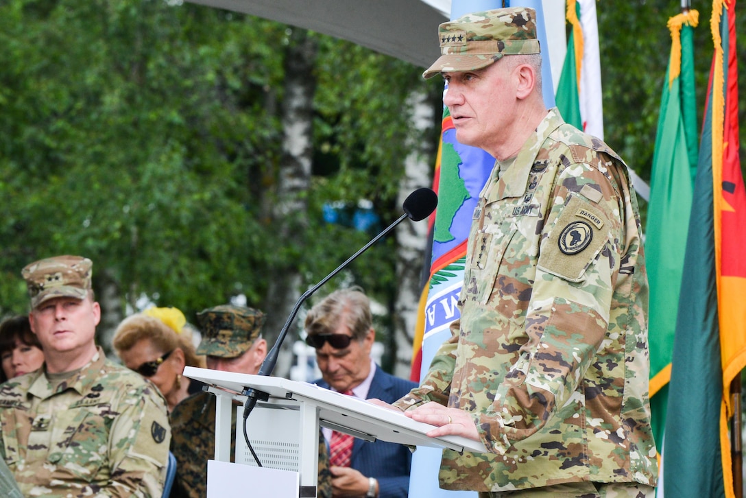 Army Gen. David M. Rodriguez, outgoing commander of U.S. Africa Command, speaks during the U.S. Africa Command change-of-command ceremony at U.S. Army Garrison Stuttgart, Germany, July 18, 2016. Rodriguez will retire after 40 years of military service. DoD photo by Adam Sanders