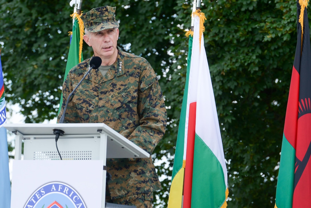 Marine Corps Gen. Thomas D. Waldhauser speaks after assuming command of U.S. Africa Command during a ceremony at U.S. Army Garrison Stuttgart, Germany, July 18, 2016. DoD photo by Adam Sanders