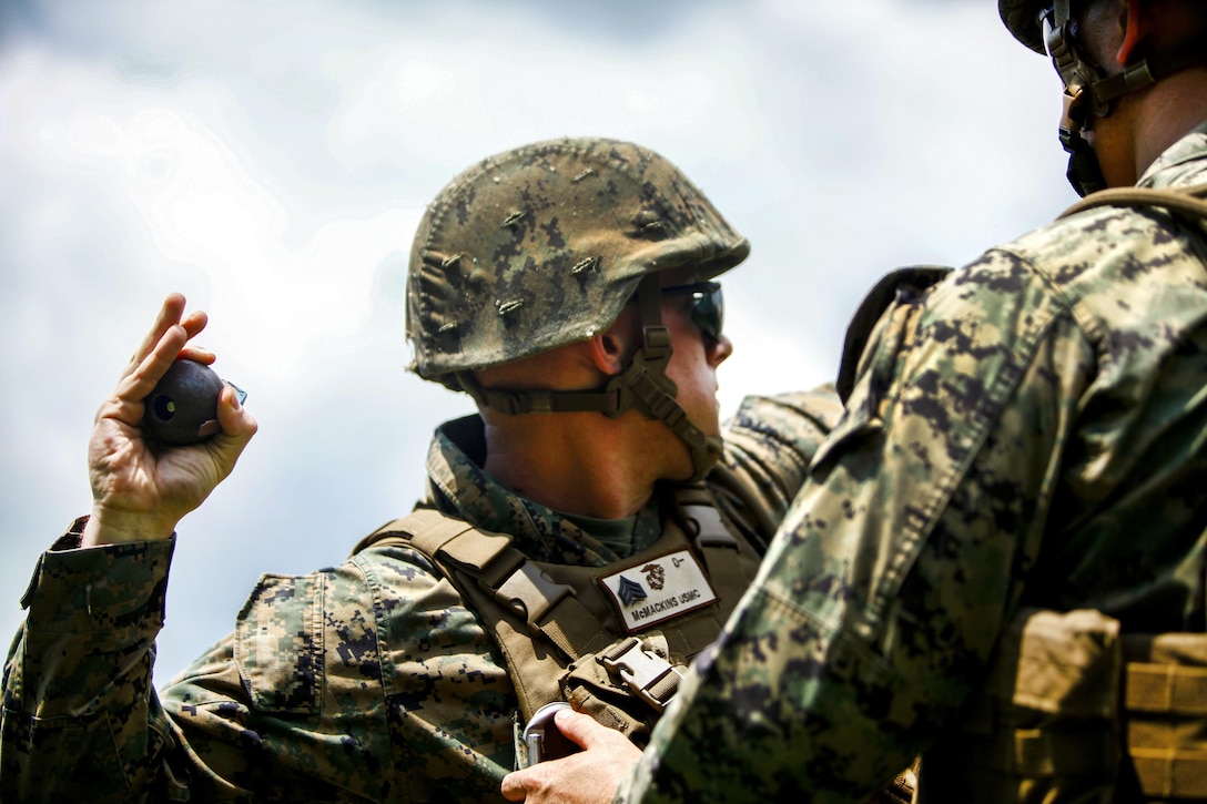 Marine Corps Sgt. Micah Steven McMackins, left, prepares to throw an M69 practice grenade during Exercise Eagle Wrath 2016 at Combined Arms Training Center Camp Fuji, Japan, July 11, 2016. McMackins is an aircraft rescue and firefighting specialist assigned to Headquarters Squadron.  The exercise focuses on reinforcing skills that Marines learned throughout their military occupational specialty schooling and Marine combat training. Marine Corps photo by Lance Cpl. Aaron Henson