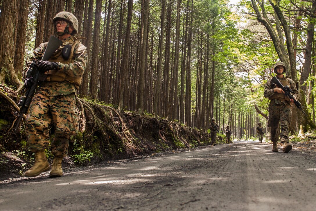 Marines conduct a security patrol during Exercise Eagle Wrath 2016 at Combined Arms Training Center Camp Fuji, Japan, July 14, 2016. Marine Corps photo by Lance Cpl. Aaron Henson 