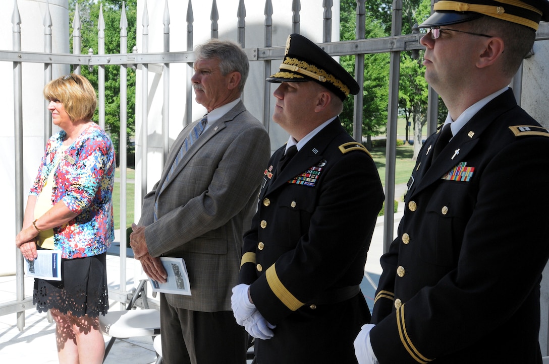 MARION, Ohio (July 16, 2016) – From left, Sherry Hall, Harding Home and Memorial site director, Dan Russel, Marion County commissioner, Brig. Gen. Stephen E. Strand, deputy commanding general, 88th Regional Support Command, and Chap. (Capt.) Jonathan Anderson, 643rd Regional Support Group chaplain, listen as Dr. Warren G. Harding III, great nephew of President Warren G. Harding, speaks during the wreathlaying ceremony for the 29th president in Marion, Ohio, July 16, 2016.