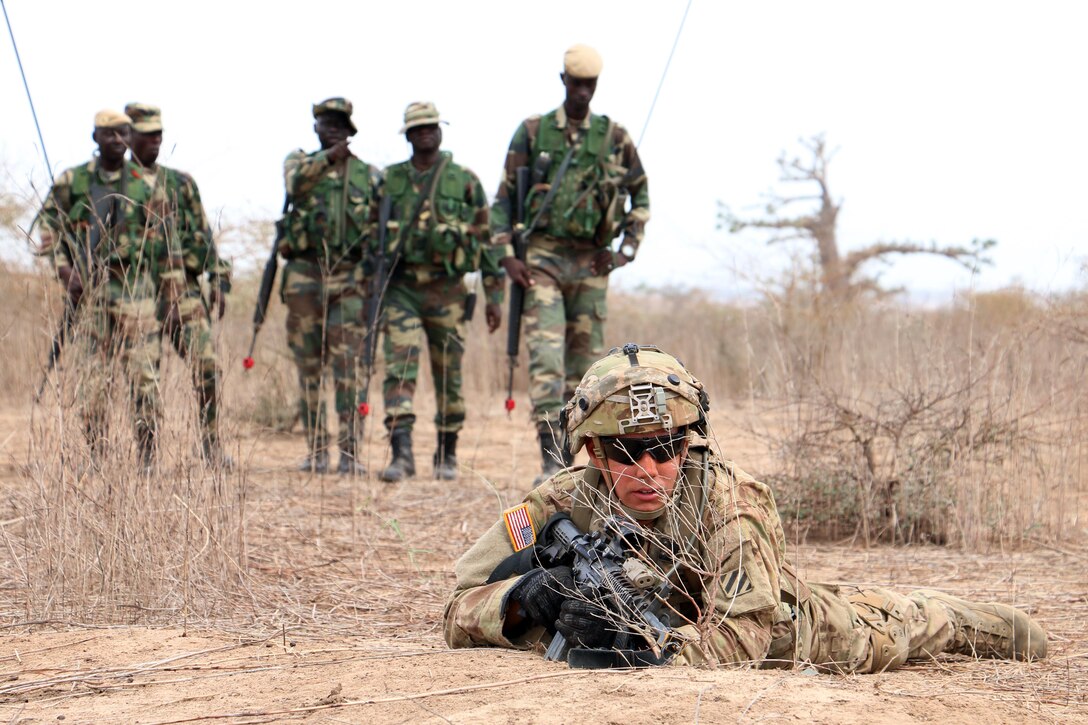An Army infantryman provides security as leaders of the Senegalese Army's 1st Paratrooper Battalion observe a squad-level exercise during Africa Readiness Training 16 in Thies, Senegal,  July 14, 2016. The soldiers are assigned to Bravo Company, 1st Battalion, 30th Infantry Regiment, 2nd Infantry Brigade Combat Team, 3rd Infantry Division. Army photo by Staff Sgt. Candace Mundt