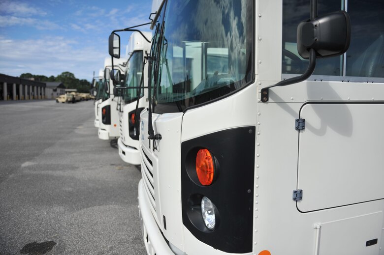 The 1st Special Operations Logistics Readiness Squadron’s buses are used to transport Airmen to and from base events and operations at Hurlburt Field, Fla., July 15, 2016. The 1st SOLRS will be supporting the Air Force Special Operations Command Change of Command July 19, 2016, by providing a shuttle service. Pickup locations include the Base Chapel, the Aderholt Gym, 4th Aircraft Maintenance Unit and the Base Exchange. (U.S. Air Force photo by Airman Dennis Spain)
