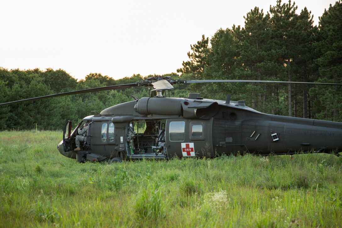 U.S. Army National Guard UH-60 Blackhawk helicopter assigned to F Company, 2-238th General Support Aviation Battalion, West Bend, Wis., during Warrior Exercise (WAREX) 86-16-03 at Fort McCoy, Wis., July 14, 2016. WAREX is designed to keep soldiers all across the United States ready to deploy. (U.S. Army photo by Sgt. Robert Farrell/Released)