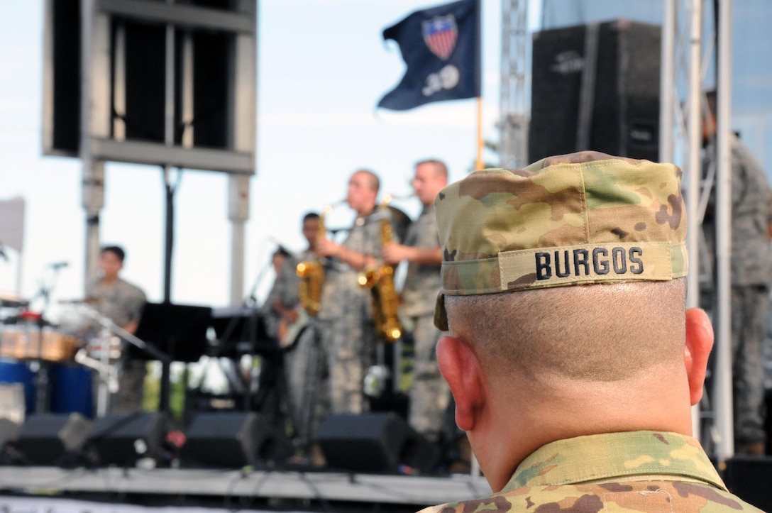 Brig. Gen. Jose Burgos, deputy commanding general of the U.S. Army Reserve's 99th Regional Support Command headquartered at Joint Base McGuire Dix-Lakehurst, New Jersey, watches the 319th Army Band perform July 15 as part of the JBMDL Summer Concert Series.