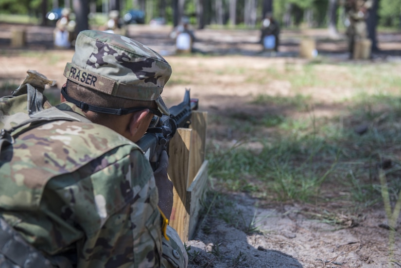 Soldiers in Basic Combat Training with Company B, 2nd Battallion, 60th Infantry Regiment at Fort Jackson, S.C., use shadow box training to work on the fundamentals of rifle marksmanship before heading up to the range to zero their personal weapons, July 14. (U.S. Army photo by Sgt. 1st Class Brian Hamilton/ released)