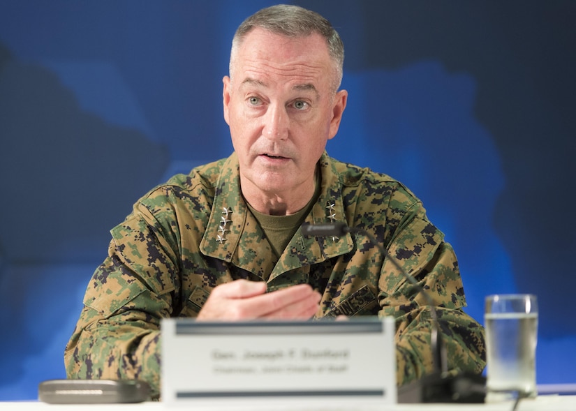 Marine Corps Gen. Joe Dunford, chairman of the Joint Chiefs of Staff, and Marine Corps Gen. Thomas D. Waldhauser, commander of U.S. Africa Command, hold a press conference following the Africom change of command ceremony at U.S. Army Garrison Stuttgart, Germany, July 18, 2016. DoD photo by Navy Petty Officer 2nd Class Dominique A. Pineiro
