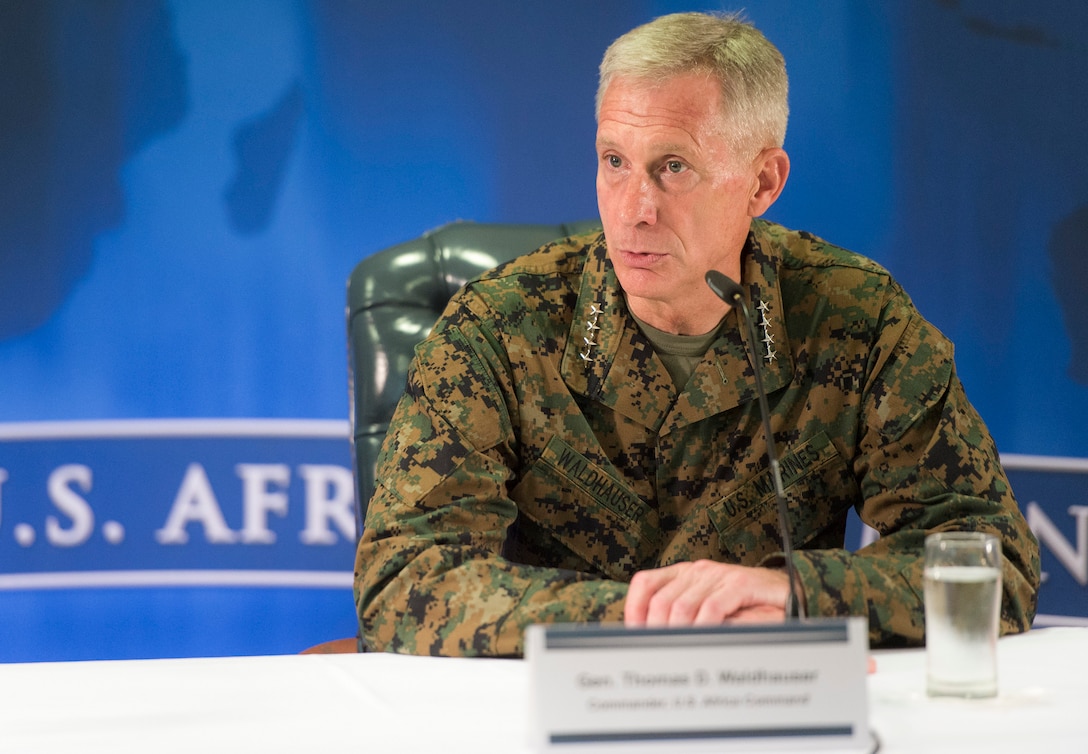 Marine Corps Gen. Thomas D. Waldhauser, incoming commander of U.S. Africa Command, comments during a press conference following the command's change-of-command ceremony at U.S. Army Garrison Stuttgart, Germany, July 18, 2016. During the ceremony, Waldhauser assumed command from Army Gen. David M. Rodriguez, who will retire after 40 years of military service. DoD photo by Navy Petty Officer 2nd Class Dominique A. Pineiro