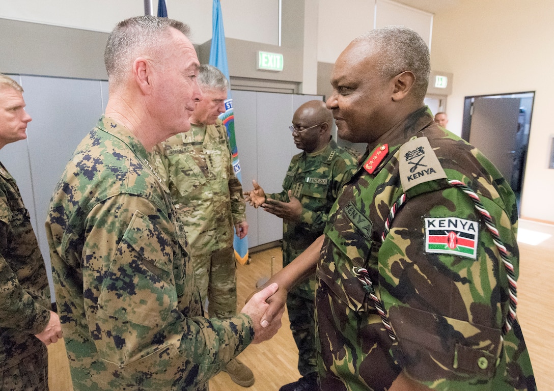 Marine Corps Gen. Joe Dunford, chairman of the Joint Chiefs of Staff, meets with international partners before the U.S. Africa Command change-of-command ceremony at U.S. Army Garrison Stuttgart, Germany, July 18, 2016.  DoD photo by Navy Petty Officer 2nd Class Dominique A. Pineiro