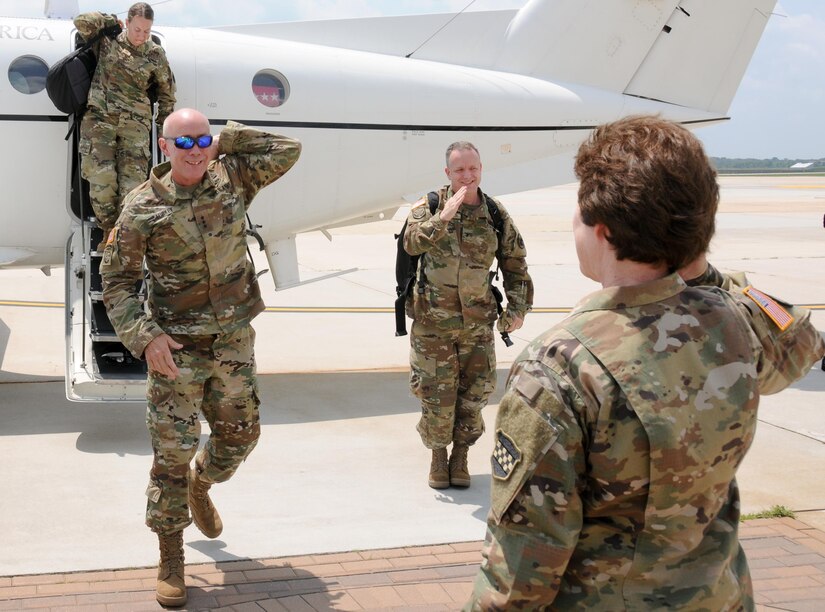 Lieutenant General Charles D. Luckey, chief of Army Reserve and commanding general, U.S. Army Reserve Command (left), is greeted by Maj. Gen. Margaret W. Boor, commanding general of the Army Reserve’s 99th Regional Support Command (right), upon his arrival July 14 at Joint Base McGuire-Dix-Lakehurst, New Jersey. As USARC’s commanding general, Luckey leads a community-based force of more than 200,000 Soldiers and Civilians with a "footprint" that includes 50 states, five territories, and more than 30 countries. The Army Reserve is a critical force provider of trained and ready units and Soldiers providing full spectrum capabilities essential for the Army to fight and win wars and respond to homeland emergencies on behalf of the American people.