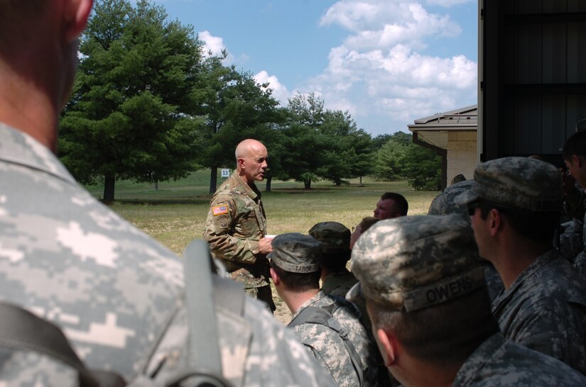 Lieutenant General Charles D. Luckey, chief of Army Reserve and commanding general, U.S. Army Reserve Command, visits Joint Base McGuire-Dix-Lakehurst, New Jersey, for a training-capabilities update July 14-15. The commanding general talks to Army Reserve Soldiers of the 154th Legal Operations Detachment, who serve as military lawyers and paralegals headquartered in Alexandria, Virginia, on Range 38 where they were conducting range qualifications.