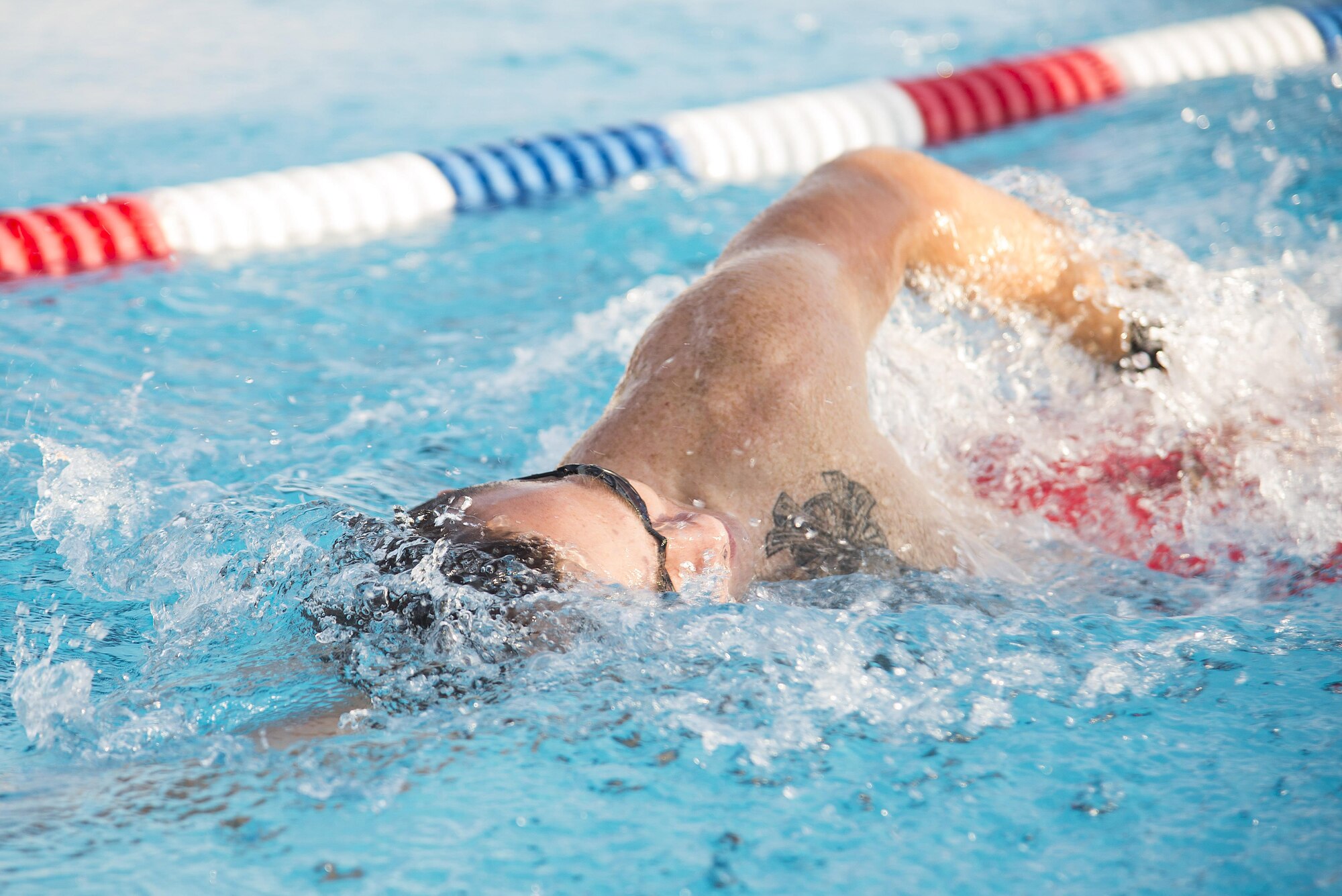A Team Scott member participates in a 300 meter swim during the “Splash N Dash” biathlon at Scott Air Force Base, Illinois, July 15, 2016. The biathlon required members to complete a 300 meter swim followed by a three mile run. Robert Wieland had the fastest time in the male category, 24 minutes 44 seconds, while Kimberly Wendt had the fastest time in the female category, 33 minutes 31 seconds. (U.S. Air Force photo by Tech. Sgt. Jonathan Fowler)
