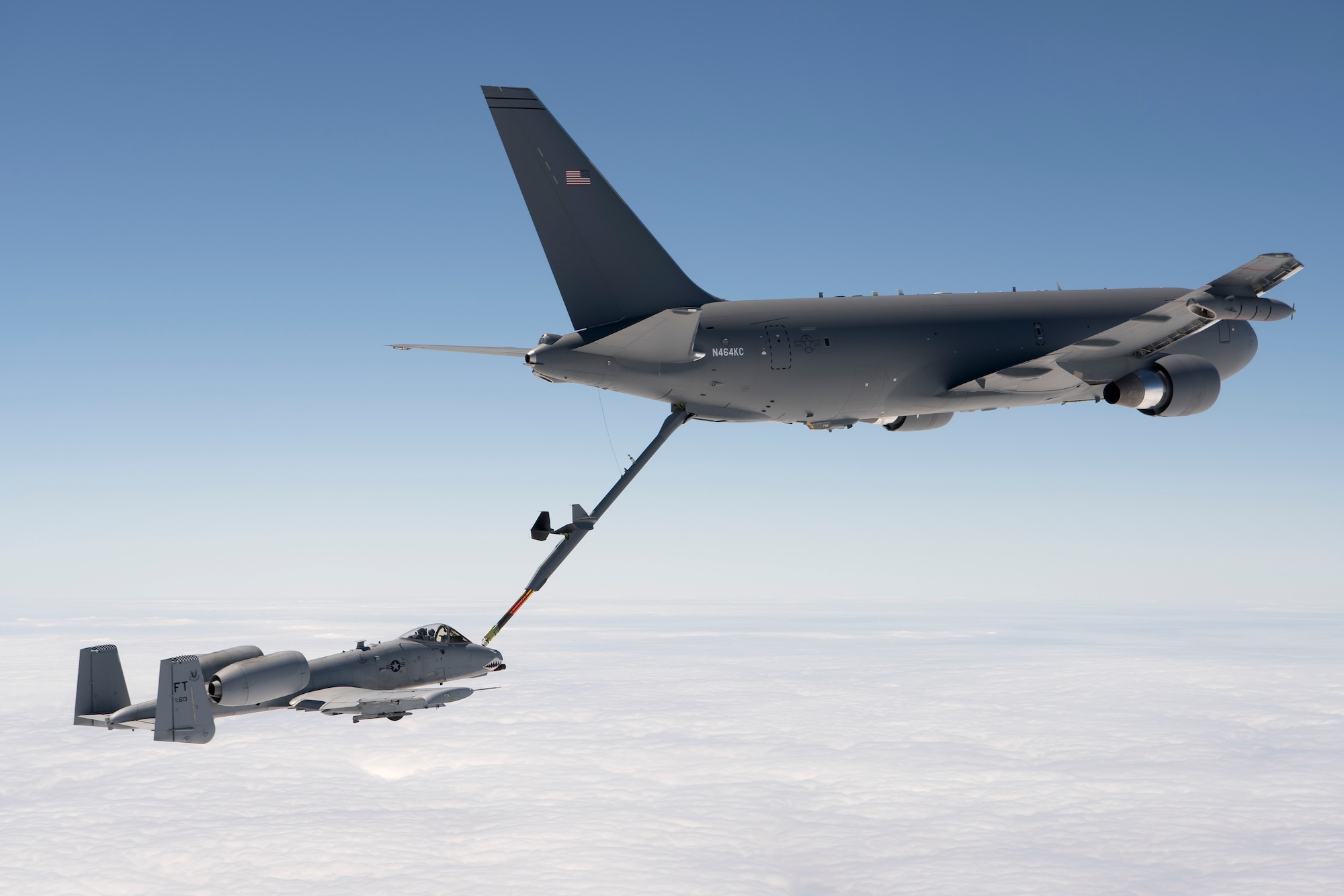 A KC-46 Pegasus refuels an A-10 Thunderbolt II with 1,500 pounds of fuel July 15, 2016. The mission was the last of all flight tests required for the tanker’s Milestone C production decision. (Boeing photo/John D. Parker)